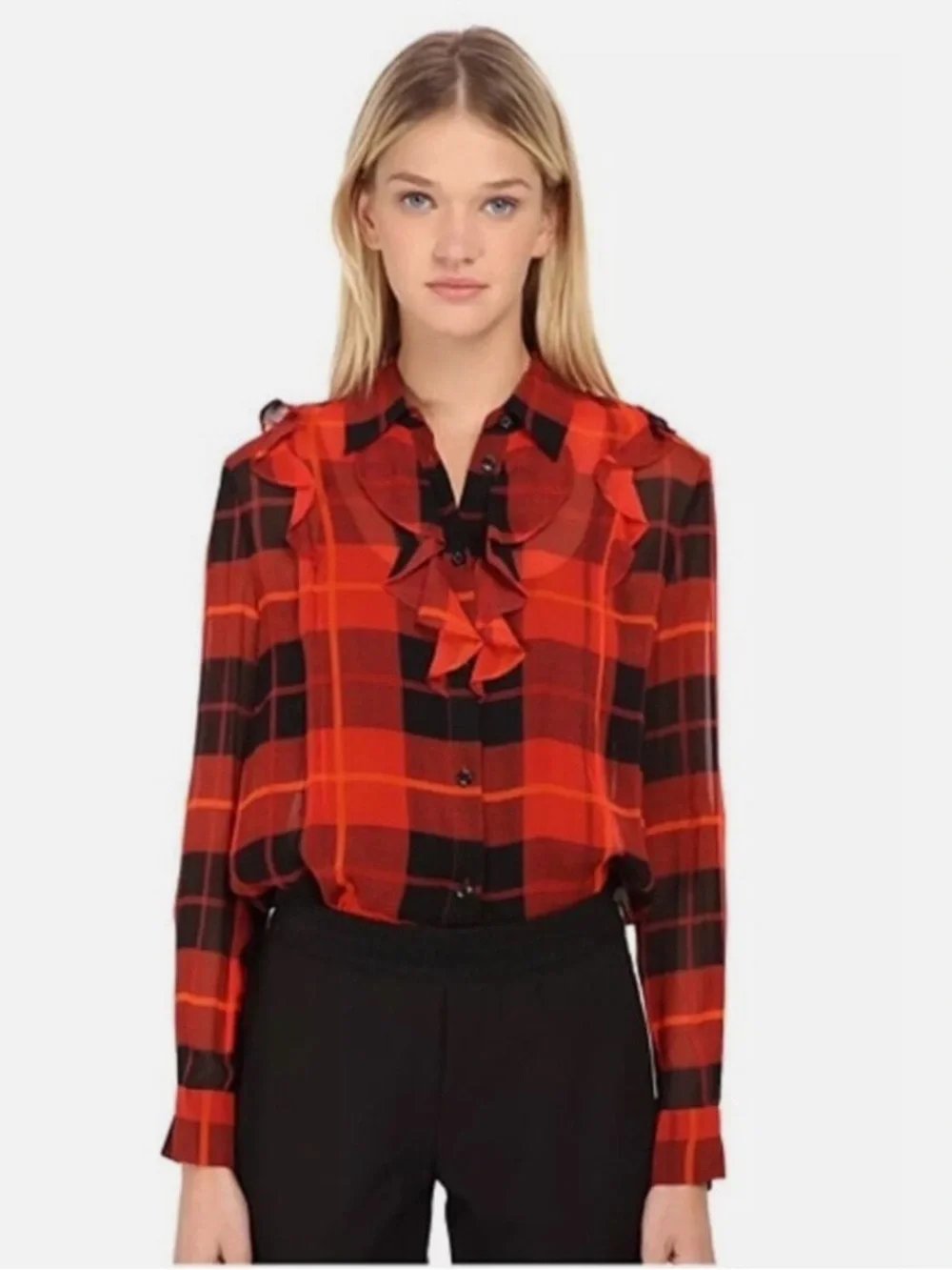 KATE SPADE Plaid Ruffle Front Button-Up Silk Blouse